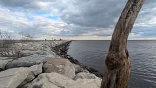 Looking out at the long brick path to the end of the pier.
