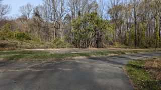 Visibly unused parking lot with broken asphalt showing a lack of use.
