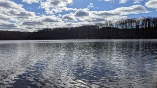View of the lake with ripples in the water.